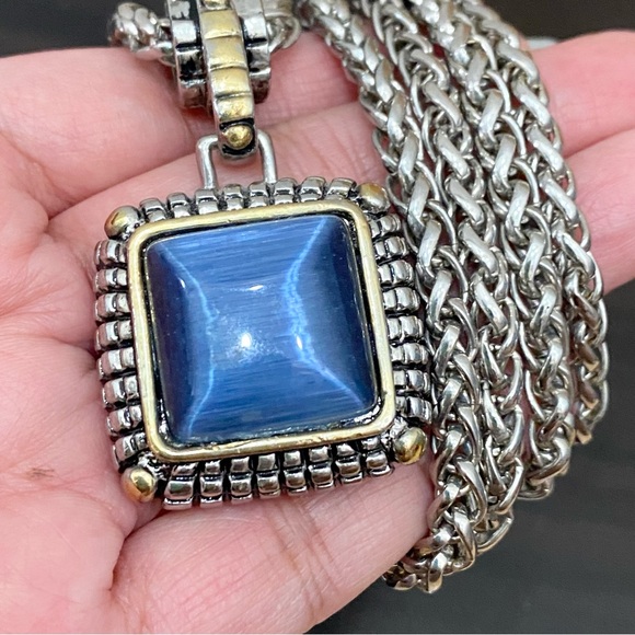 Unsigned Silver-tone Spiga Wheat Chain with Blue Stone Pendant  30” Necklace - Picture 9 of 14